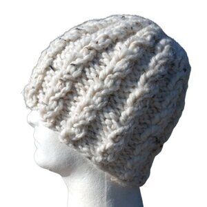Alpaca Beanie Skully Hat Men Thick Chunky Hand Knit Wool Rib Biscotti White M-L